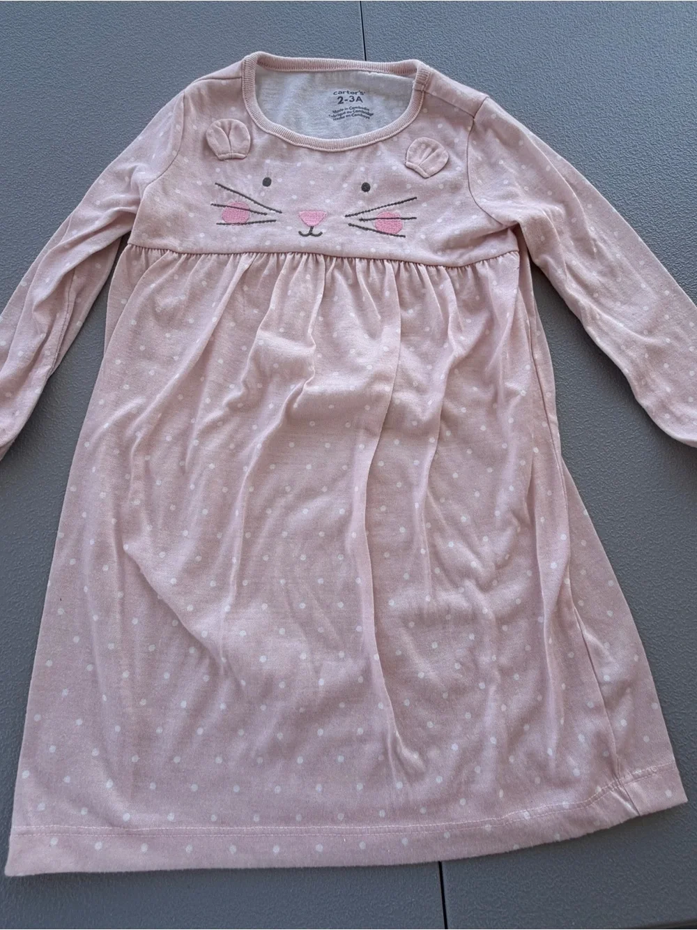 Carter's Light Pink Polka Dot Cat Face Long Sleeve Nightgown